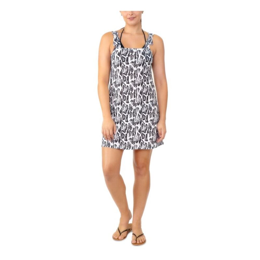 MIKEN Women's White Snake Print Square Neck Shoulder Straps Swimsuit Cover Up S